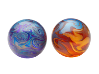 Two glossy, spherical objects, exhibiting swirling marbled patterns.  One is primarily purple and blue, the other orange and brown.  Isolated against a black background