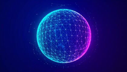Abstract technology concept with a glowing digital sphere of interconnected nodes. Global network and futuristic data connection.