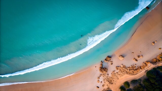 Aerial View of Pristine Tropical Beach with Turquoise Waves and Golden Sand