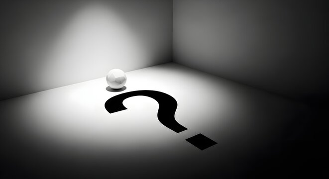 Illuminated geometric sphere casts shadow beside large question mark in stark spotlight, evoking mystery and curiosity for problem-solving concepts.