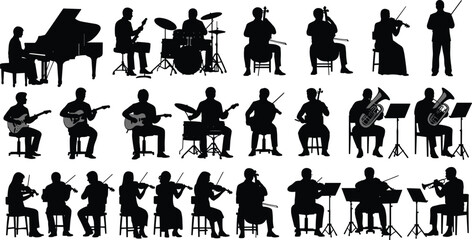 Silhouettes of diverse musicians playing various instruments, orchestra performance concept, black and white illustration for music education, concert design ©  Alexander Creations