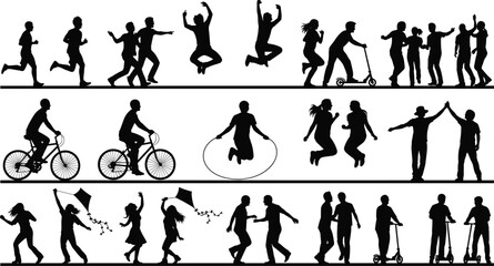 Silhouettes of kids and teens playing, running, jumping, riding scooters, biking, outdoor activities, fun childhood moments, black vector illustration