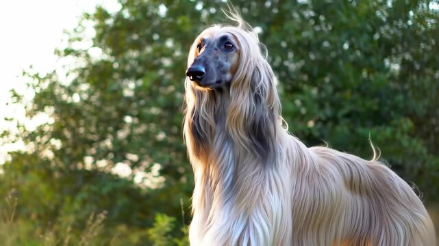 Afghan hound poses regally in a natural setting with soft light and lush background