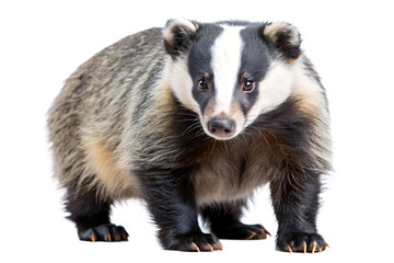 A striking portrait of a european badger with distinctive black and white facial markings standing on a black background
