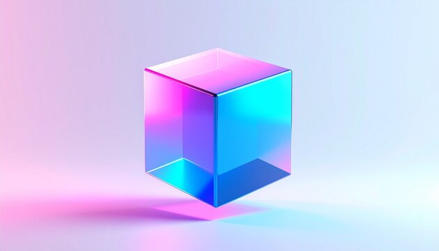 Abstract futuristic design featuring a transparent glass cube illuminated by vibrant neon lighting.