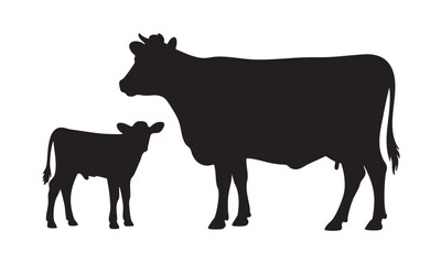 Black silhouette illustration of a cow and calf standing side by side cattle animal