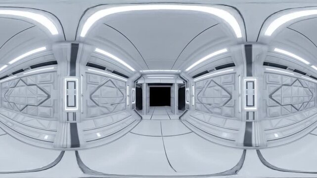 Navigating Futuristic White Corridor with Geometric Panels Interior 360 Degree