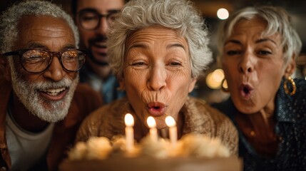 Seniors gather to celebrate, blowing out candles on a birthday cake. Celebrating life's milestones with family, fostering love and togetherness.