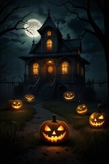 Fototapeta premium Spooky haunted house with jack o lanterns on halloween night