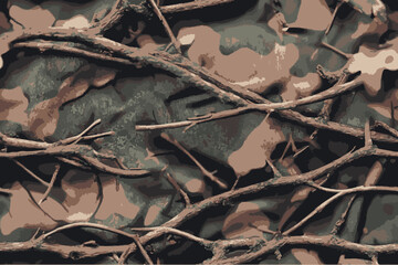 Camouflage pattern with tree branches and twigs.A vector camouflage pattern with an oak tree theme, featuring leaves and branches in earthy tones against a background of brown foliage for hunting.