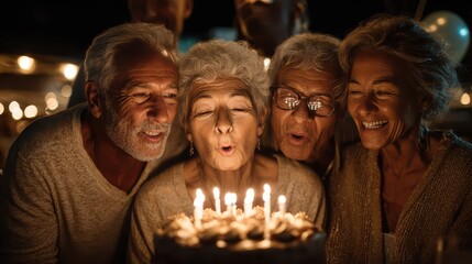 Senior woman blows out birthday candles, surrounded by smiling friends. It shows love, support and friendship for use in happy birthday messages.