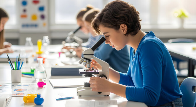 Focused female student in a blue sweater looks through a microscope during a science class. - Powered by Adobe