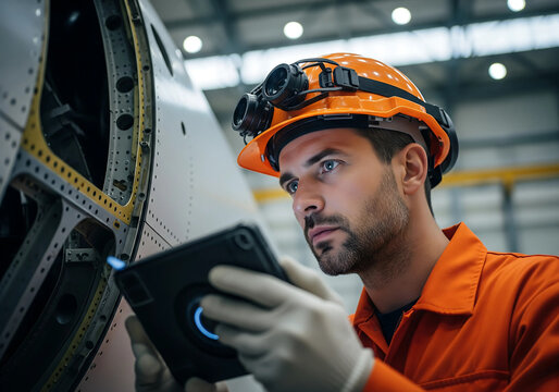 Aircraft Maintenance Engineer Using Digital Tablet in Hangar with Commercial Jet Airplane