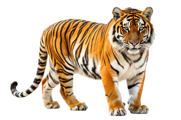 Obraz premium Majestic bengal tiger standing proudly against a stark black background with intense gaze