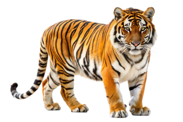 Majestic bengal tiger standing proudly against a stark black background with intense gaze