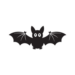Black silhouette of a cartoon bat with wide open wings and large eyes black and white animal