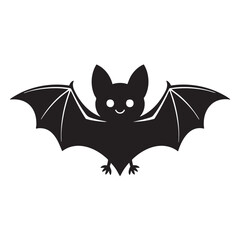 Black silhouette of a cute bat with outstretched wings and white eyes animal