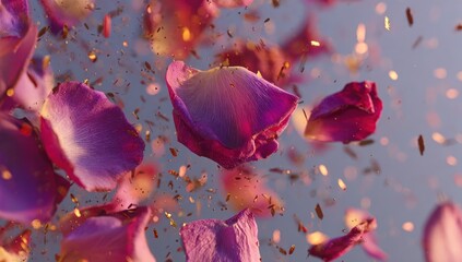 Floating rose petals and sparkling confetti against a soft, blurred blue sky. Light reflects off the gold flecks, creating a magical, ethereal effect in this close-up, airy composition