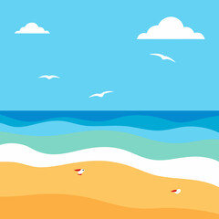 Fototapeta premium Stylized beach scene with seagulls and ocean waves
