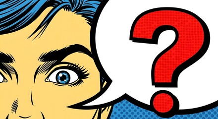 Curious woman with wide eyes and a thought bubble featuring a bold question mark, symbolizing confusion or inquiry in a vibrant comic art style.