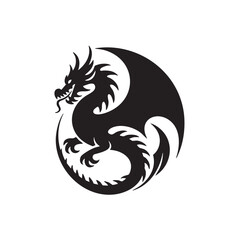 Black silhouette of a dragon with wings curled in a circle white mythical creature