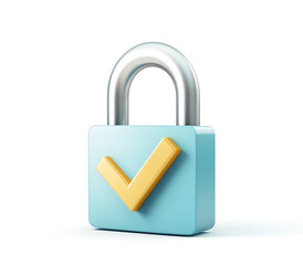 3d illustration of a blue padlock with a golden checkmark symbol isolated on white background
