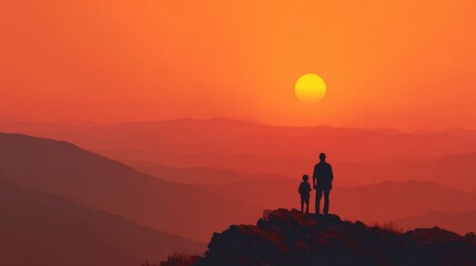 A parent and child stand hand in hand on a rocky outcrop, gazing at the vibrant sunset that paints the sky orange and creates a tranquil atmosphere over distant mountains.