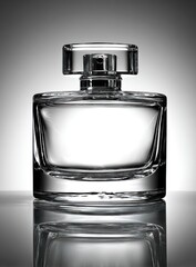 Clear glass perfume bottle with a thick rectangular cap, reflecting on a glossy surface against a softly lit gradient background