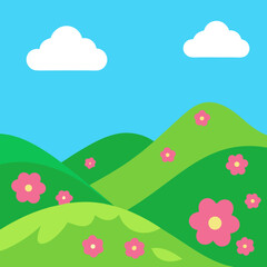 Whimsical spring landscape with rolling green hills and pink flowers