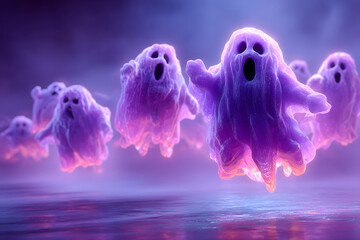 Cute and spooky Halloween backdrop with soft fog and floating ghosts.
