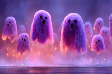 Cute and spooky Halloween backdrop with soft fog and floating ghosts.