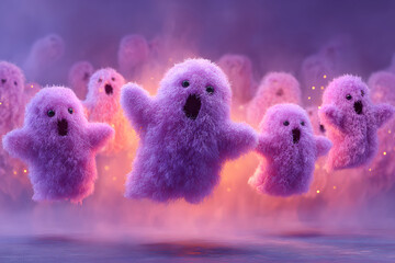 Cute and spooky Halloween backdrop with soft fog and floating ghosts.