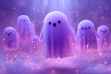 Cute and spooky Halloween backdrop with soft fog and floating ghosts.