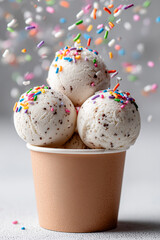  Three scoops of creamy vanilla ice cream filled with chocolate chips sit in a cardboard cup, topped with colorful sprinkles and sugar confetti, perfect for a joyful treat.