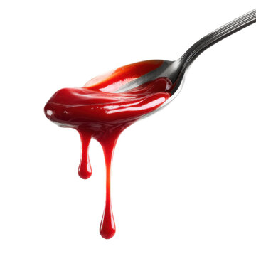 Spoonful of red sauce is dripping down the side of the spoon