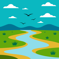 Obraz premium Serene landscape with winding river and flying birds