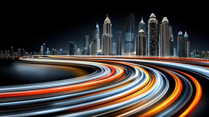 City skyline illuminated at night with light trails from moving vehicles on a curved highway