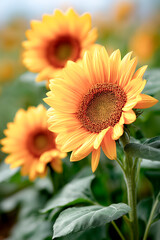 A stunning close-up of a bright sunflower with vibrant yellow petals surrounded by lush green leaves, capturing the essence of summer beauty in nature.