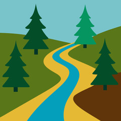 Obraz premium Stylized landscape with winding river and evergreen trees