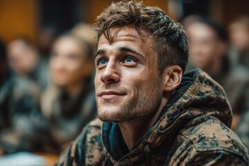Young soldier with blue eyes looking up hopefully in crowded auditorium. Ideal for representing aspiration, inspiration, and military themes.