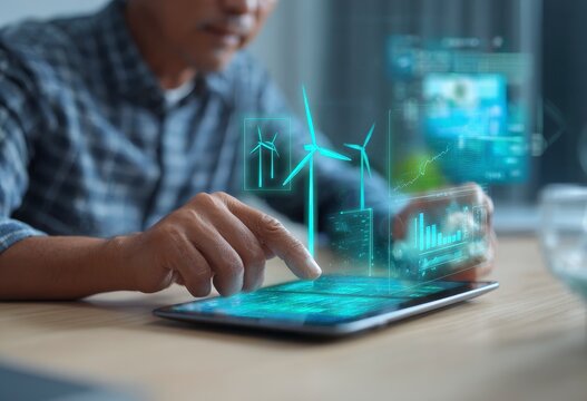 Man interacts with digital tablet, wind turbines and data visualizations