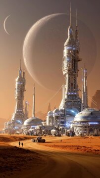 A futuristic colony on Mars or on an alien planet, with metal and glass constructions