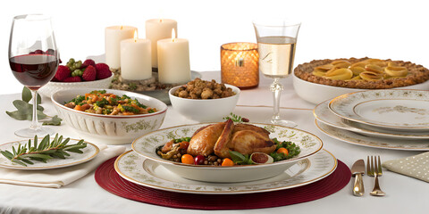 Elegant festive feast with roast chicken, pie, wine, and candles creates a warm, inviting atmosphere for celebrations.