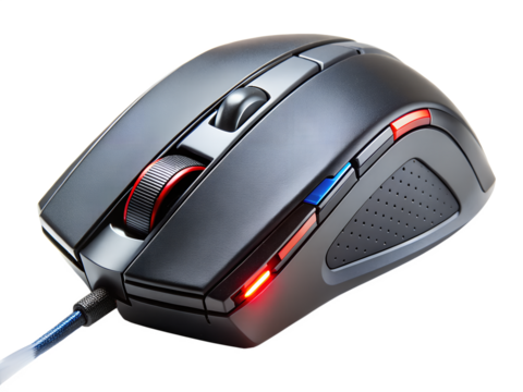A black ergonomic gaming mouse with red and blue led lighting and a wired connection isolated on transparent background