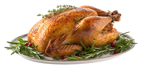Glistening golden roasted turkey garnished with fresh rosemary and cranberries, perfect for holiday feasts