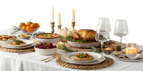 Elegant Thanksgiving feast with roast turkey, festive side dishes, and glowing candles creates warm holiday ambiance