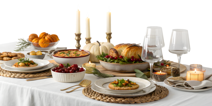 Elegant Thanksgiving feast with roast turkey, festive side dishes, and glowing candles creates warm holiday ambiance