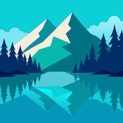 Geometric mountain landscape with lake and forest reflection