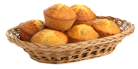 Freshly baked golden muffins piled high in a rustic woven basket, perfect for breakfast or bakery promotion