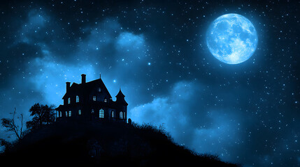 Mysterious Halloween scene with haunted house and moonlight.